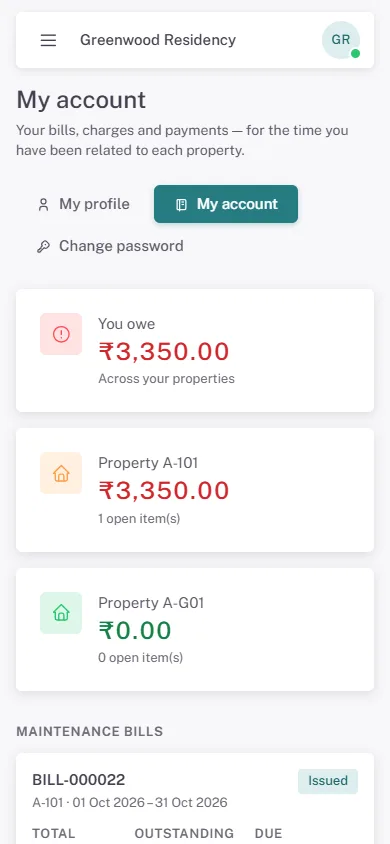 A resident's own view of their bills on a phone